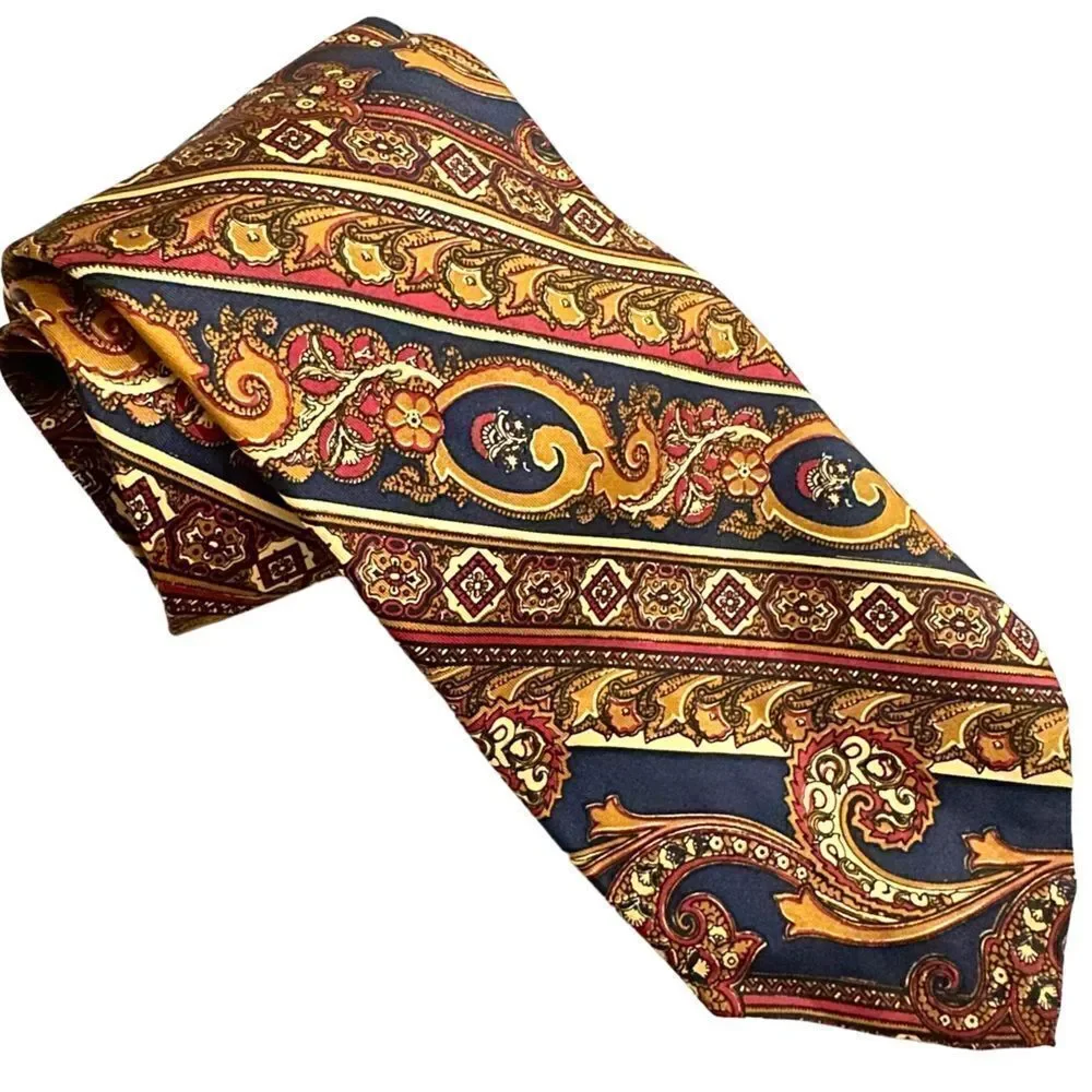 Vintage 70s John Comfort, England Gold and Navy Blue Paisley Striped Neck Tie